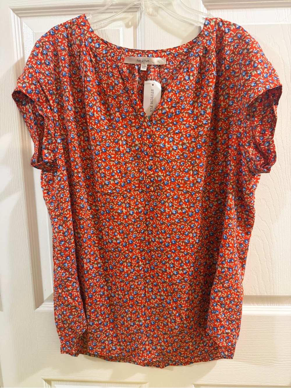 fun 2 fun Red Floral Short-Sleeve Blouse with Blue & White Accents